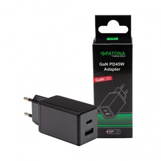PATONA Premium GaN PD45W Adapter black 1xUSB-C 1xUSB-A PD3.0 QC3.0
