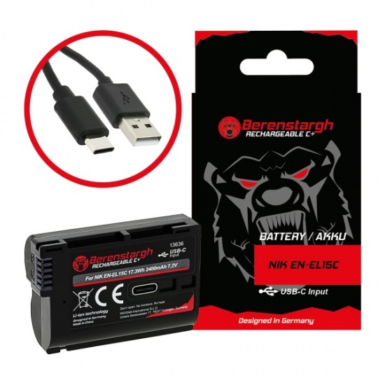 Berenstargh Battery with USB-C Input for Nikon 1 V1 EN-EL 15 EN-EL15B EN-EL15C ENEL 15 D7000 D800 D600 Z6 Z6II Z7 NTC