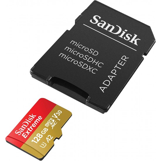 SanDisk Extreme 128 GB microSDXC Memory Card + SD Adapter with A2 App Performance + Rescue Pro Deluxe, Up to 160 MB/s, Class 10, UHS-I, U3, V30