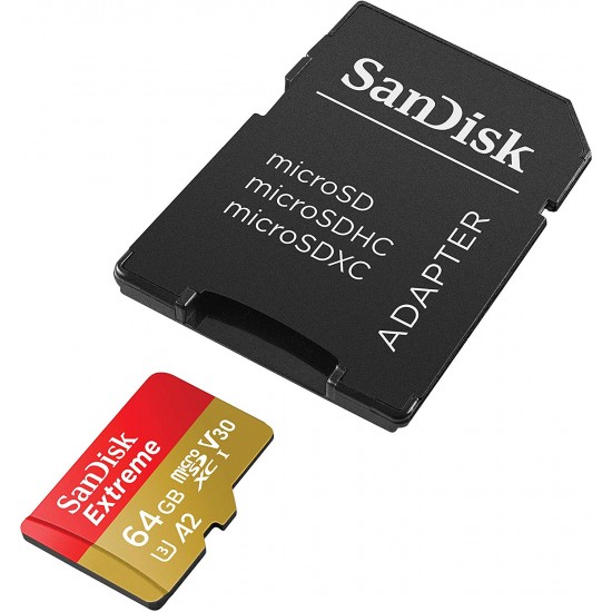 SanDisk Extreme 64 GB microSDXC Memory Card + SD Adapter with A2 App Performance + Rescue Pro Deluxe, Up to 160 MB/s, Class 10, UHS-I, U3, V30