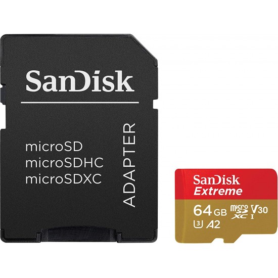 SanDisk Extreme 64 GB microSDXC Memory Card + SD Adapter with A2 App Performance + Rescue Pro Deluxe, Up to 160 MB/s, Class 10, UHS-I, U3, V30